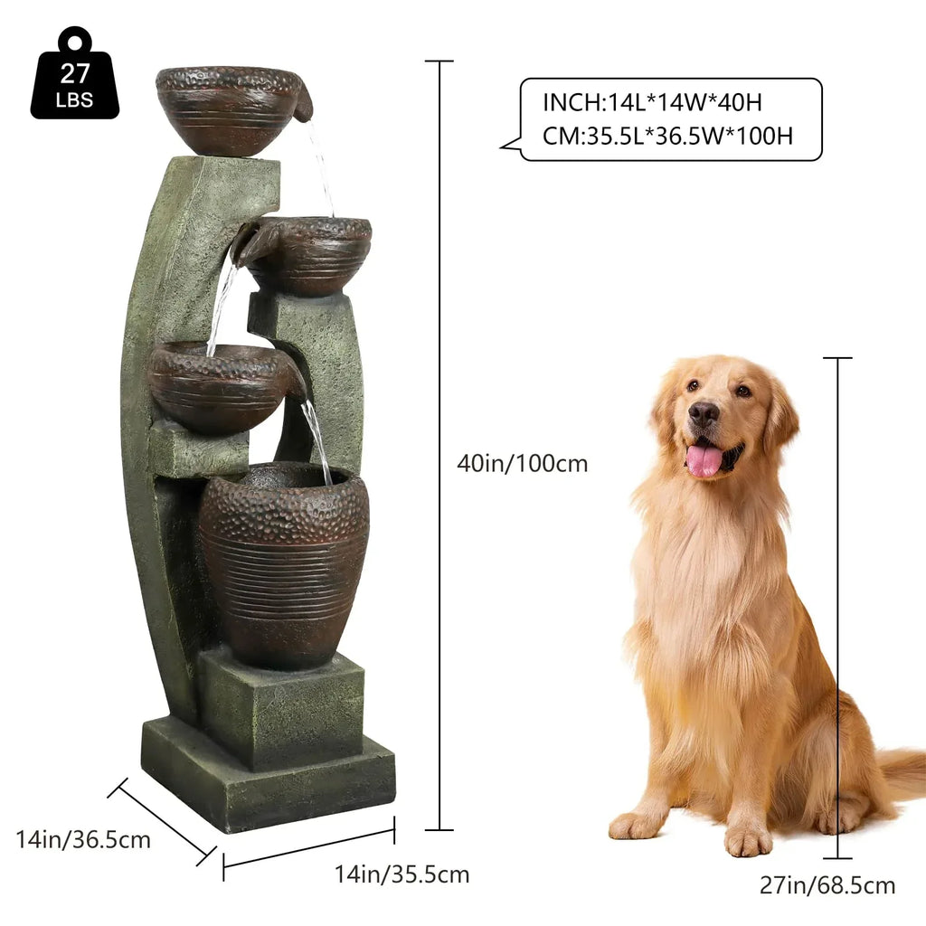 Naturefalls 40" Tall Outdoor Water Fountain and Waterfalls - Large Garden Fountain with LED Lights, 4-Tier Crocks, Indoor and Outdoor Fountains for Garden, Patio, Deck, Porch, Backyard and Home, Gray - Unique Gift Market