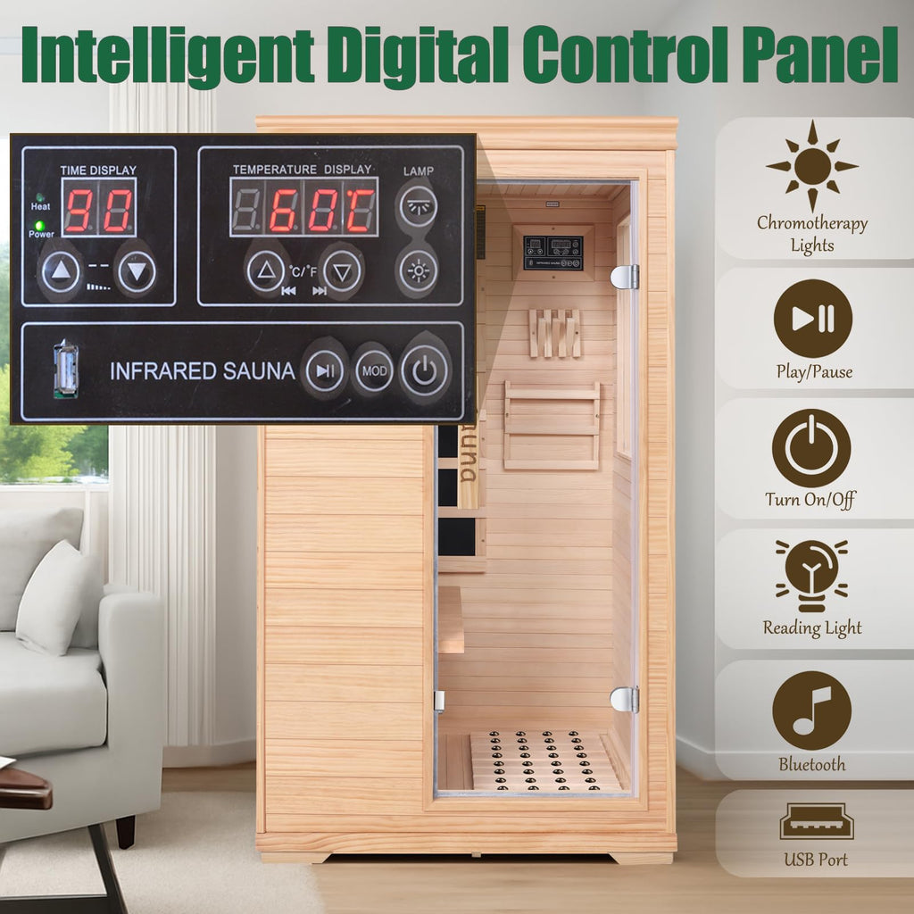 Far Infrared Sauna for 1 Person - 1050W Fast Heating, Canadian Hemlock Wood Home Sauna with Bluetooth Speaker, Chromotherapy & Oxygen Ionizer Easy Assembly Indoor Sauna for Relaxation, Detox, Home Gym