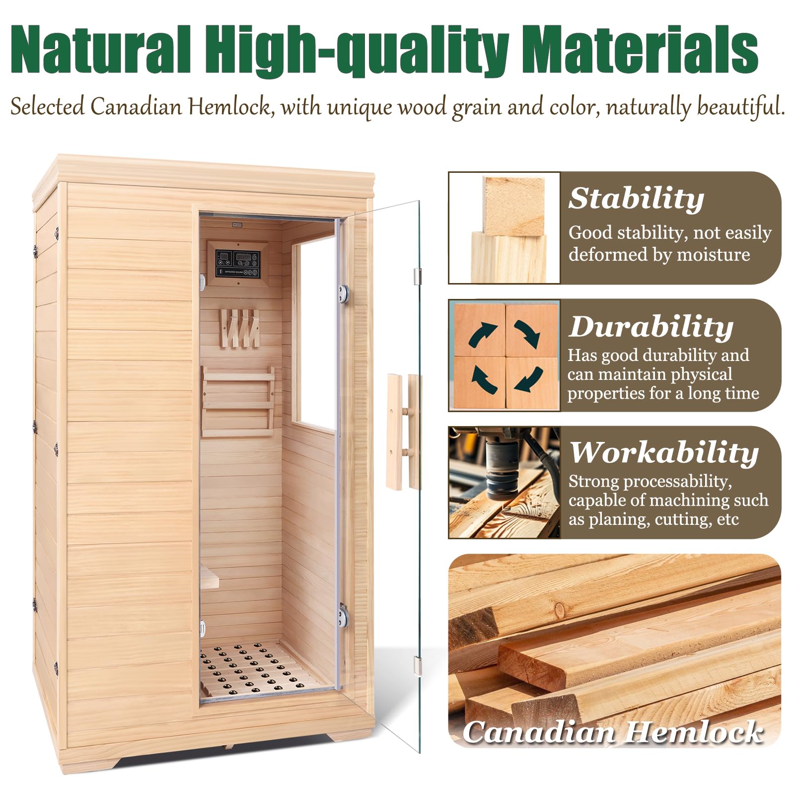 Far Infrared Sauna for 1 Person - 1050W Fast Heating, Canadian Hemlock Wood Home Sauna with Bluetooth Speaker, Chromotherapy & Oxygen Ionizer Easy Assembly Indoor Sauna for Relaxation, Detox, Home Gym