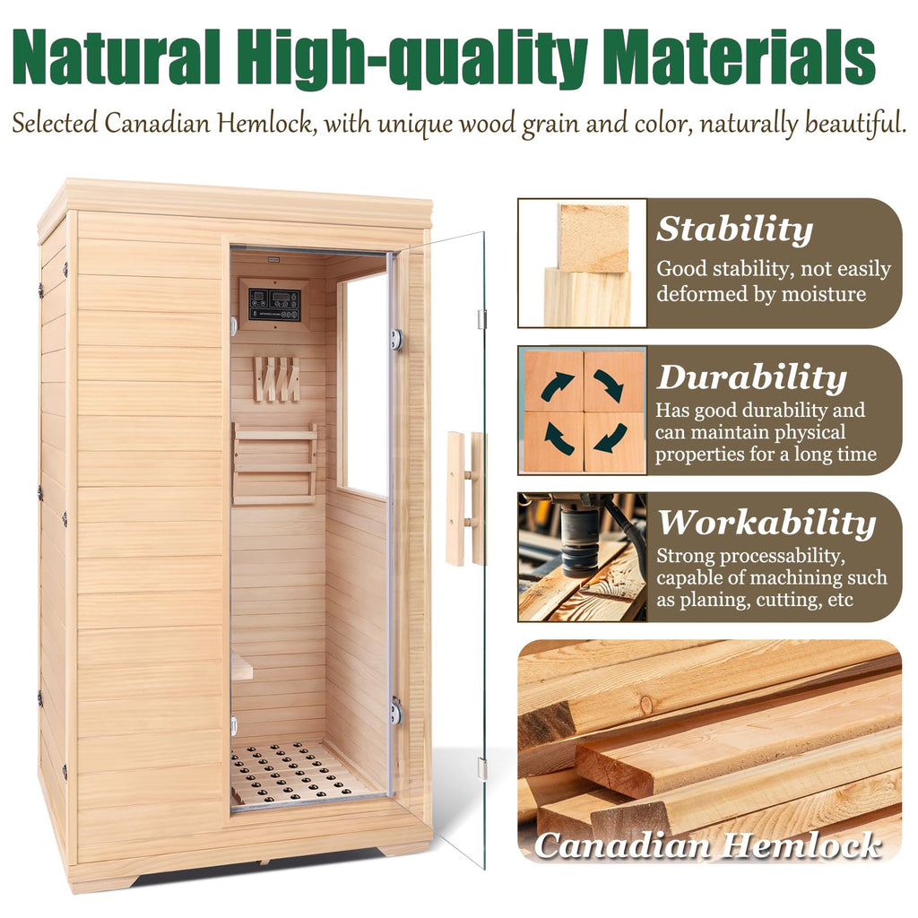 Far Infrared Sauna for 1 Person - 1050W Fast Heating, Canadian Hemlock Wood Home Sauna with Bluetooth Speaker, Chromotherapy & Oxygen Ionizer Easy Assembly Indoor Sauna for Relaxation, Detox, Home Gym