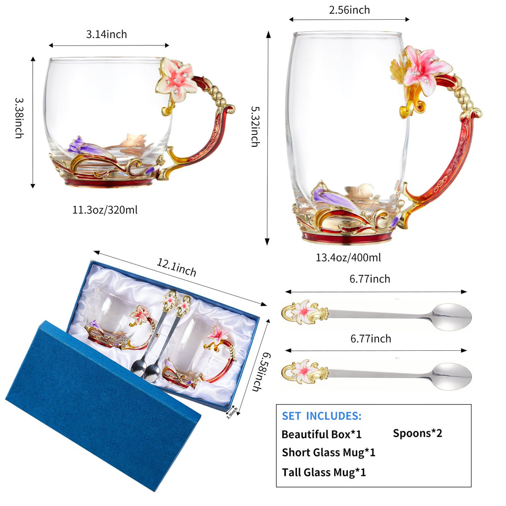 Tea Cup Glass Coffee Mugs,Fancy Tea Cup Set Birthday Christmas Valentine's Day Gift Idea for Tea Lover and Women Novelty Coffee Mugs Rose Flower Enamel Tea Cup Glass Mug with Spoon Set