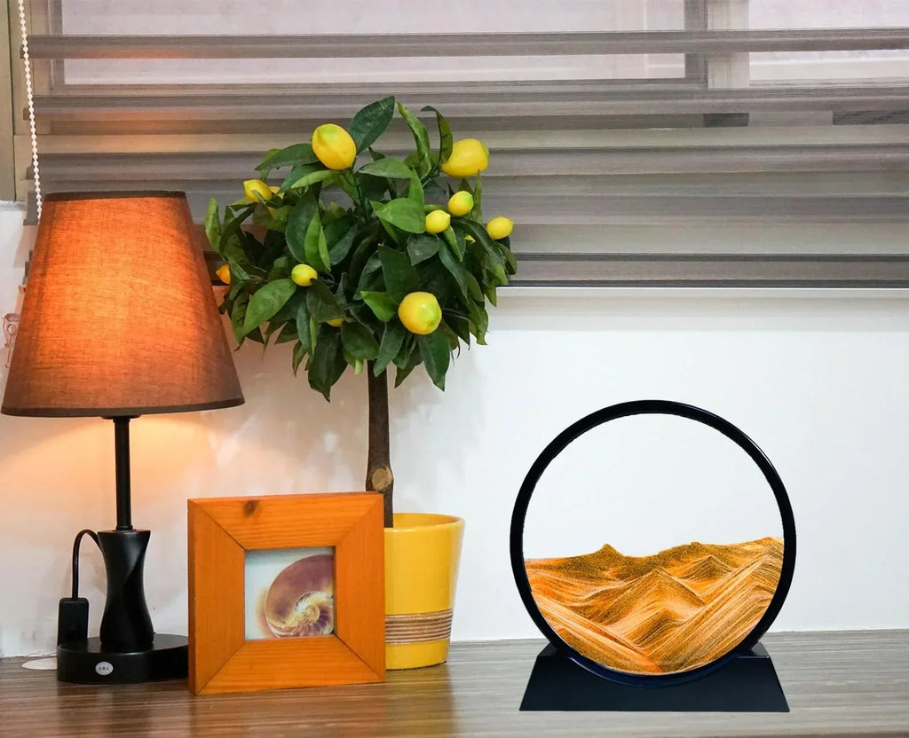 Moving Sand Art Picture - Sand Art Liquid Motion 3D Deep Sea Sandscape, Round Glass Frame Display Flowing Sand Relaxing Toy for Desktop Home Office Work Ocean Decor(Black, 7") - Unique Gift Market