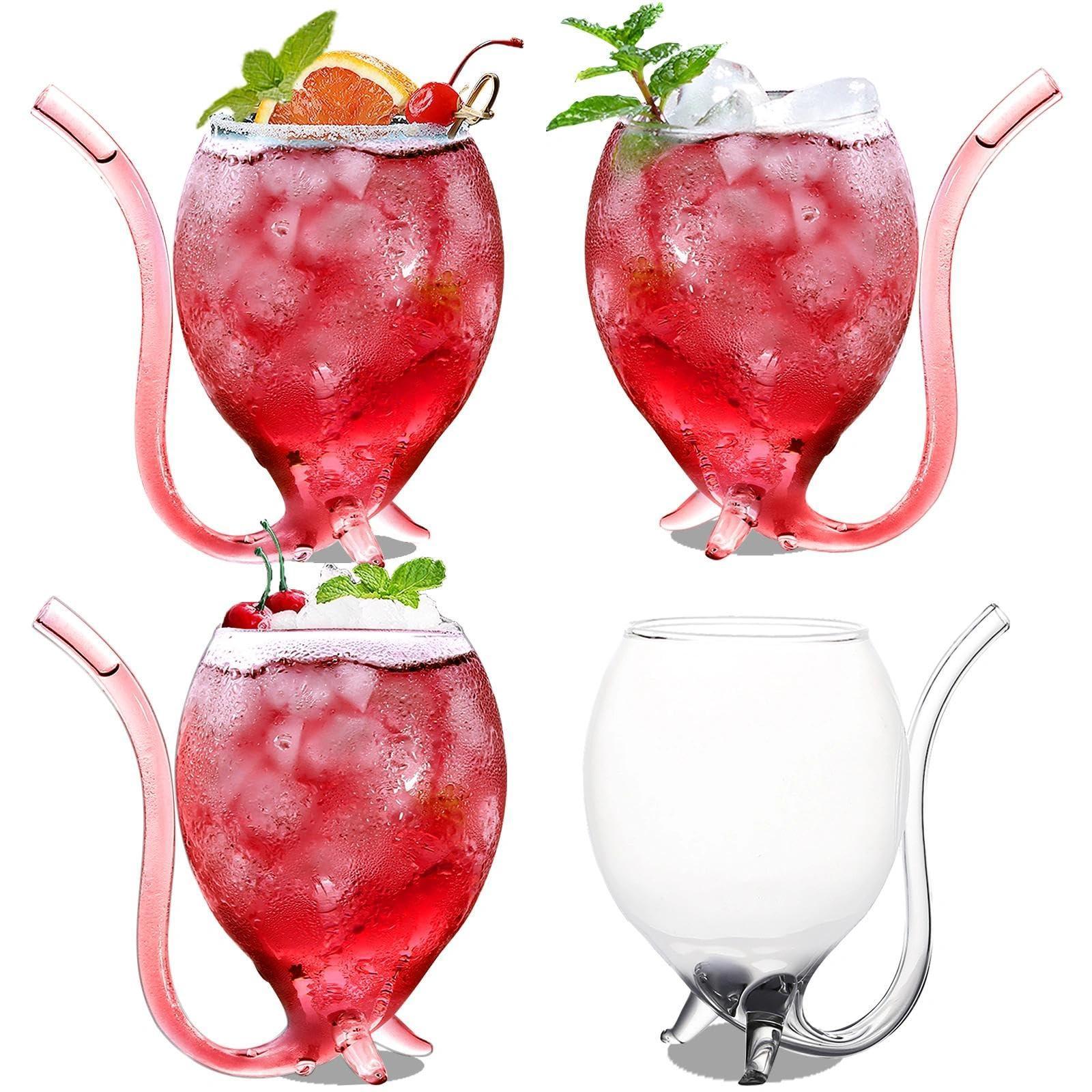 INFTYLE Vampire Wine Glass 12oz Set Of 4 Creative Cocktail Glasses Decanter Cups Mugs with Built-in Straw for Cocktail Wine Juice Ice Cream Champagne Home Bar Party Club Glassware Barware - Unique Gift Market