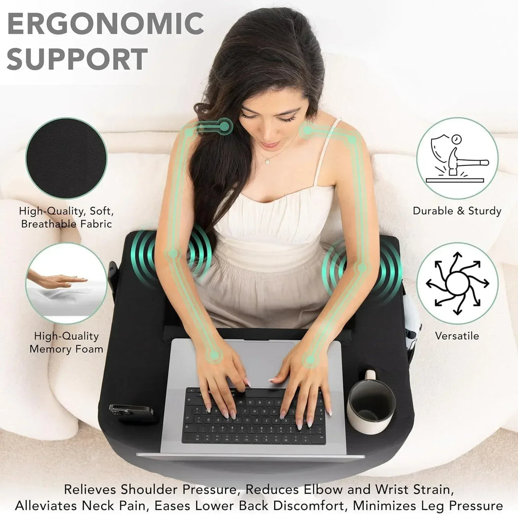 Reading Pillow for Gaming – Extra Large Lap Desk & Arm Rest with Cup & Phone Holder, Adjustable Heights, Laptop Support, Large Pockets – Comfortable for Work, Gaming & Crocheting (Furry Grey) - Unique Gift Market