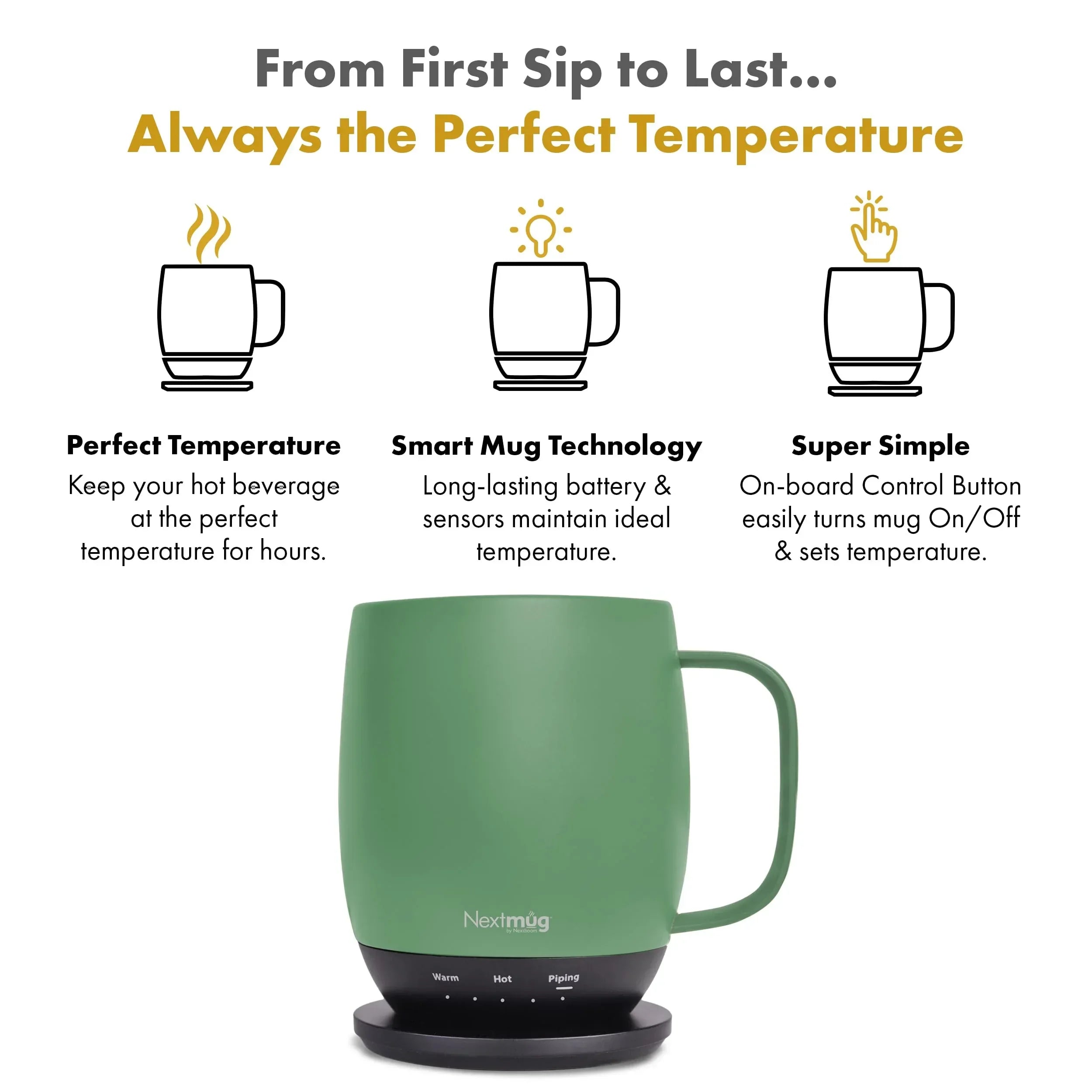 Nextmug - Temperature-Controlled, Self-Heating Coffee Mug (Black - 14 oz.) - Unique Gift Market