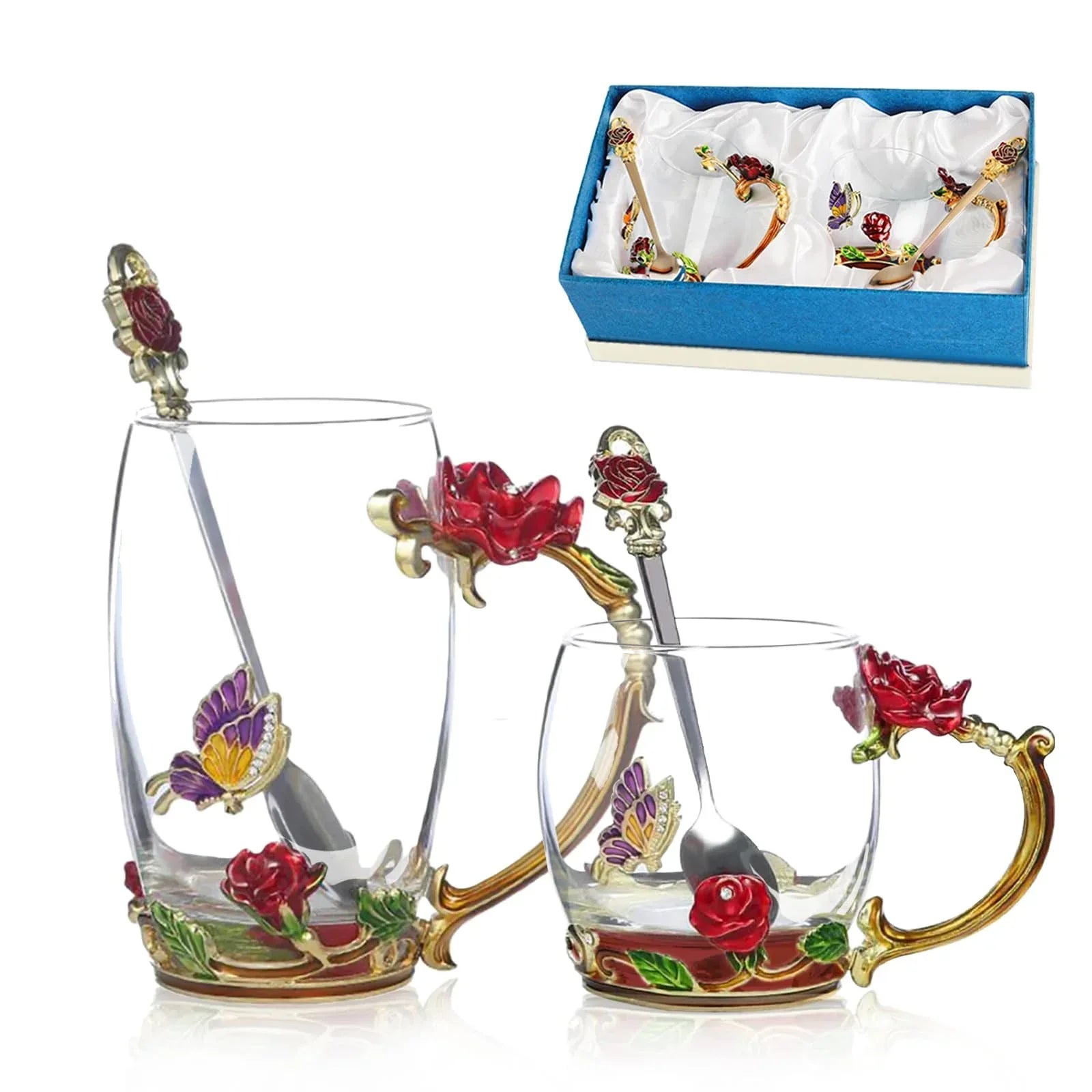 Tea Cup Glass Coffee Mugs,Fancy Tea Cup Set Birthday Christmas Valentine's Day Gift Idea for Tea Lover and Women Novelty Coffee Mugs Rose Flower Enamel Tea Cup Glass Mug with Spoon Set - Unique Gift Market
