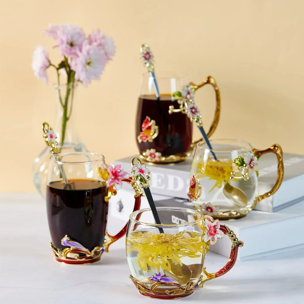 Tea Cup Glass Coffee Mugs,Fancy Tea Cup Set Birthday Christmas Valentine's Day Gift Idea for Tea Lover and Women Novelty Coffee Mugs Rose Flower Enamel Tea Cup Glass Mug with Spoon Set - Unique Gift Market