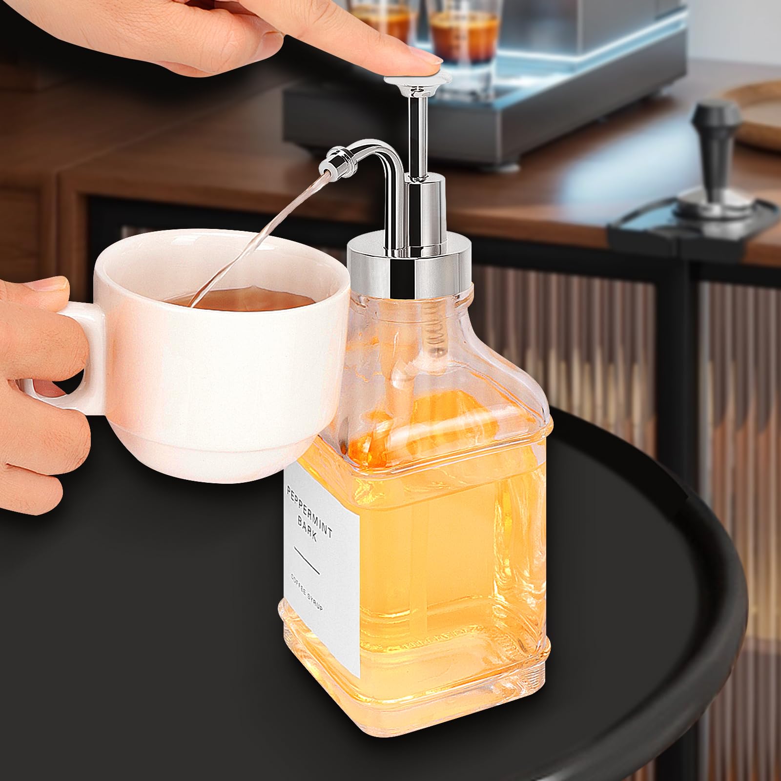 Coffee Syrup Dispenser for Coffee Bar, Clear Glass Syrup Bottles with Pump, Refillable Maple Syrup Storage, Coffee Station Accessories and Organizer, 500ml, Set of 2 + Tray (Gold)
