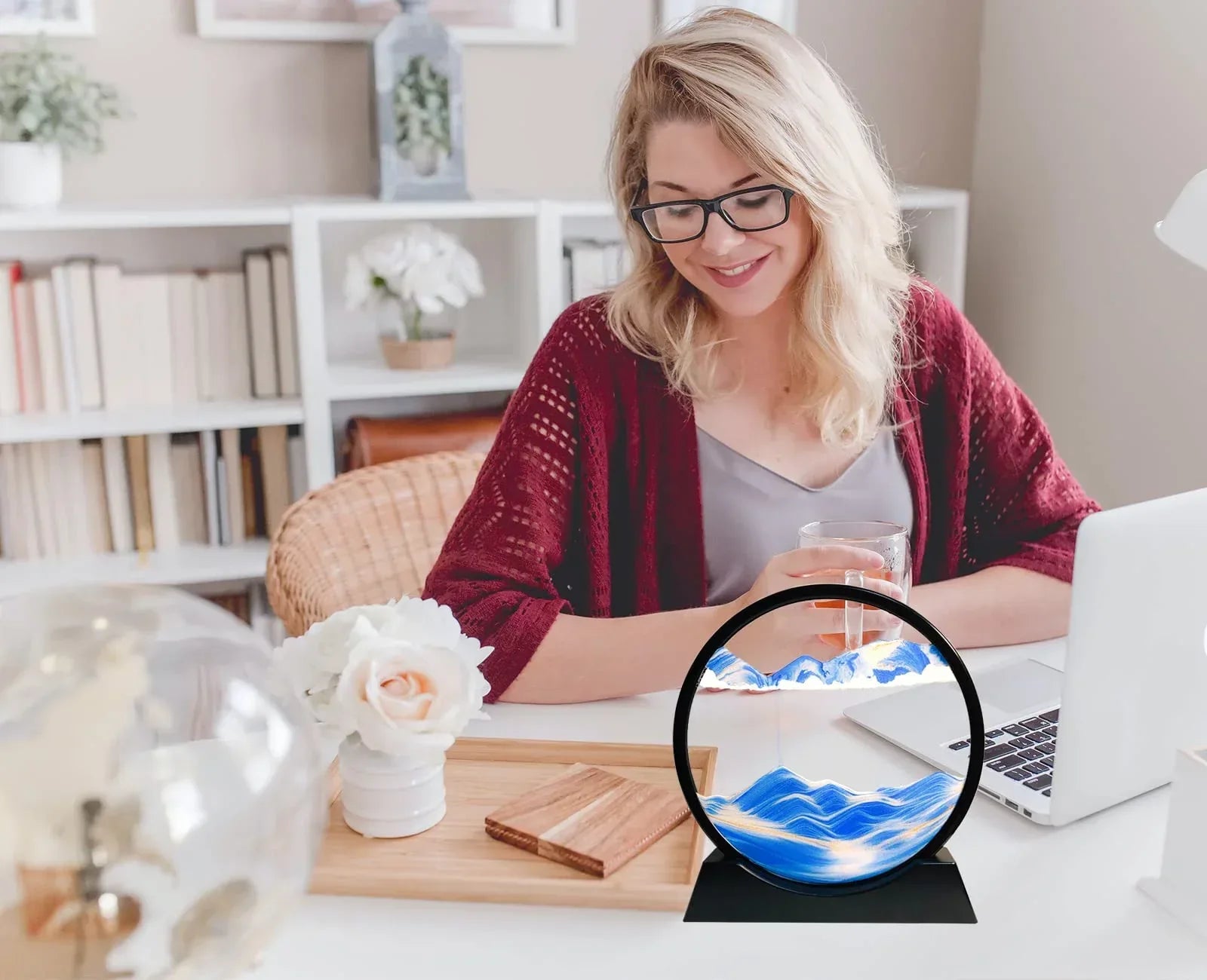 Moving Sand Art Picture - Sand Art Liquid Motion 3D Deep Sea Sandscape, Round Glass Frame Display Flowing Sand Relaxing Toy for Desktop Home Office Work Ocean Decor(Black, 7") - Unique Gift Market