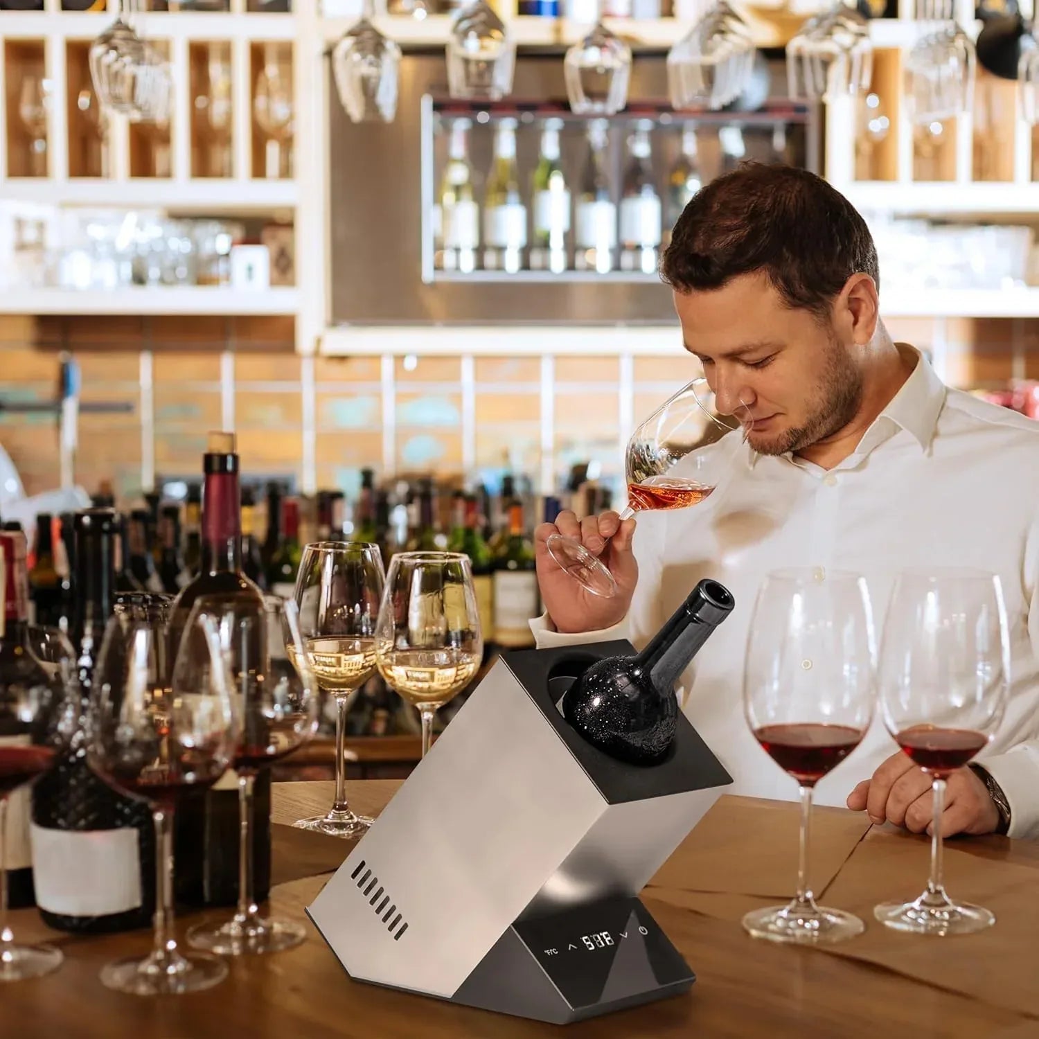 Electric Wine Chiller, Single Bottle Cooler for 750ml Wine or Some Champagne,Stainless Steel Iceless Cooler Keep Cold Up to 24h,Kitchen,Bar and RV Vino Accessory,Gift for Vino Lover - Unique Gift Market