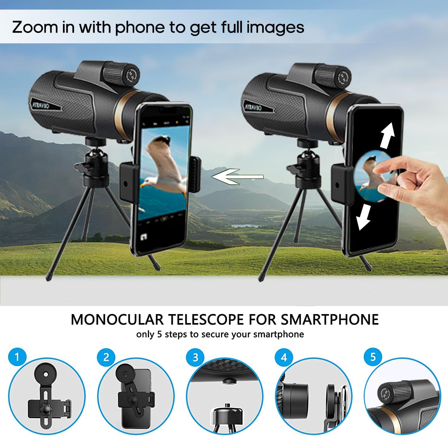 Birthday Gifts for Men Dad Husband Him Young, 12x60 Powerful Monocular Telescope with Phone Adapter & Tripod, SMC & BAK4 Prism, for Fathers Day, Hiking Gifts for Outdoors Lover