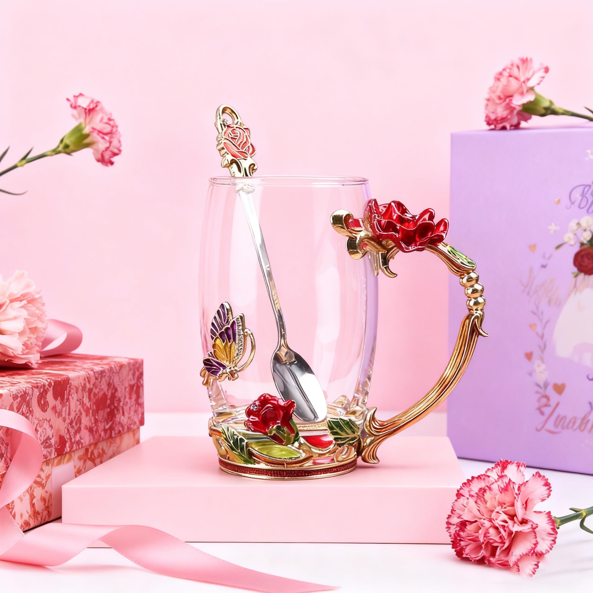 Best Gifts For Women Mom Blue Glass Coffee Tea Mug Unique Birthday Christmas Gift For Women Who Have Everything, Gift For Her Tea Cup with Spoon Sets (Blue-Tal)