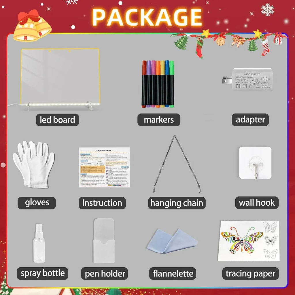 LED Note Board with 7 Colors, Includes Adapter, 13"x10" Led Drawing Board for Kids, Light Up Dry Erase Boards with 7 Markers, Soft Cloth, Hanging Chain, Holiday Trend Gift - Unique Gift Market