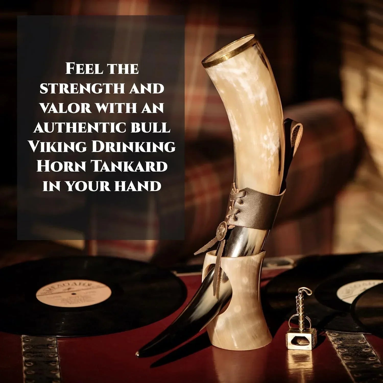 Viking Drinking Horn with Stand - Unique Gifts for Men, Large 15-20 Oz Natural Ox Horn Cool Unique Beer Gift for Brother or Dad, Home Decor Accessories Handcrafted for Mead, Ale, and More - Unique Gift Market