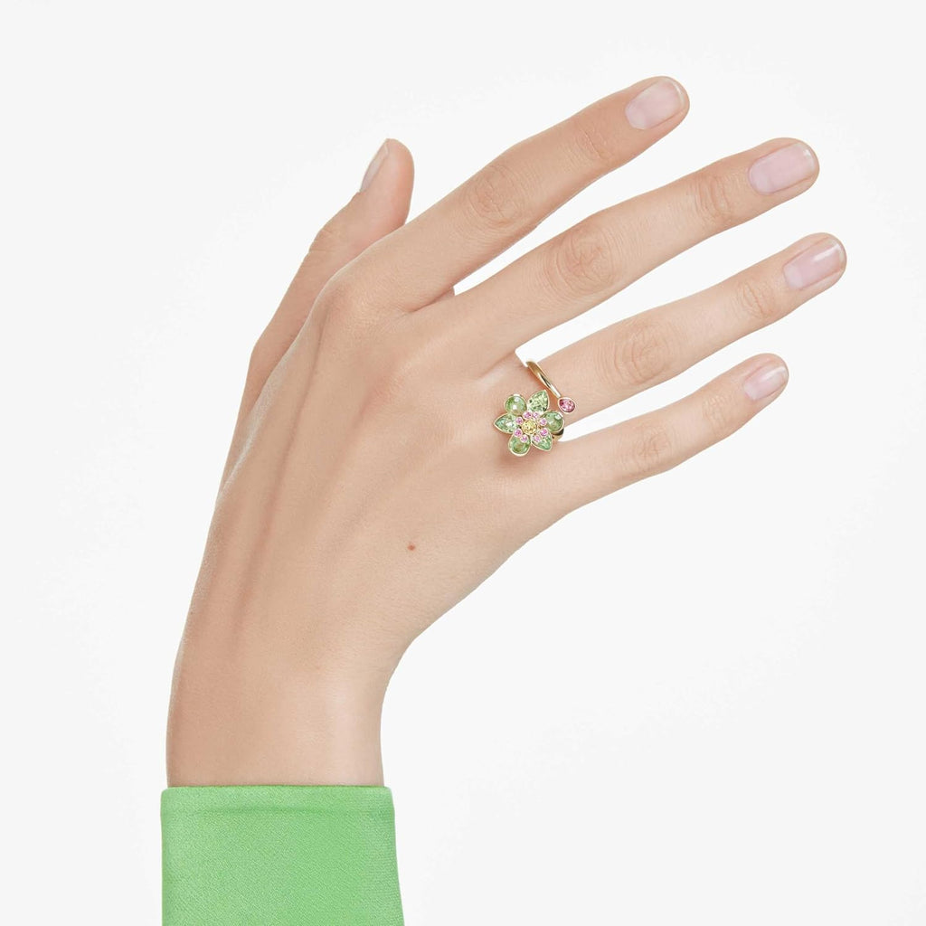 Swarovski Idyllia open ring, Mixed cuts, Flower, Green, Gold-tone Finish, Size 6 3/4