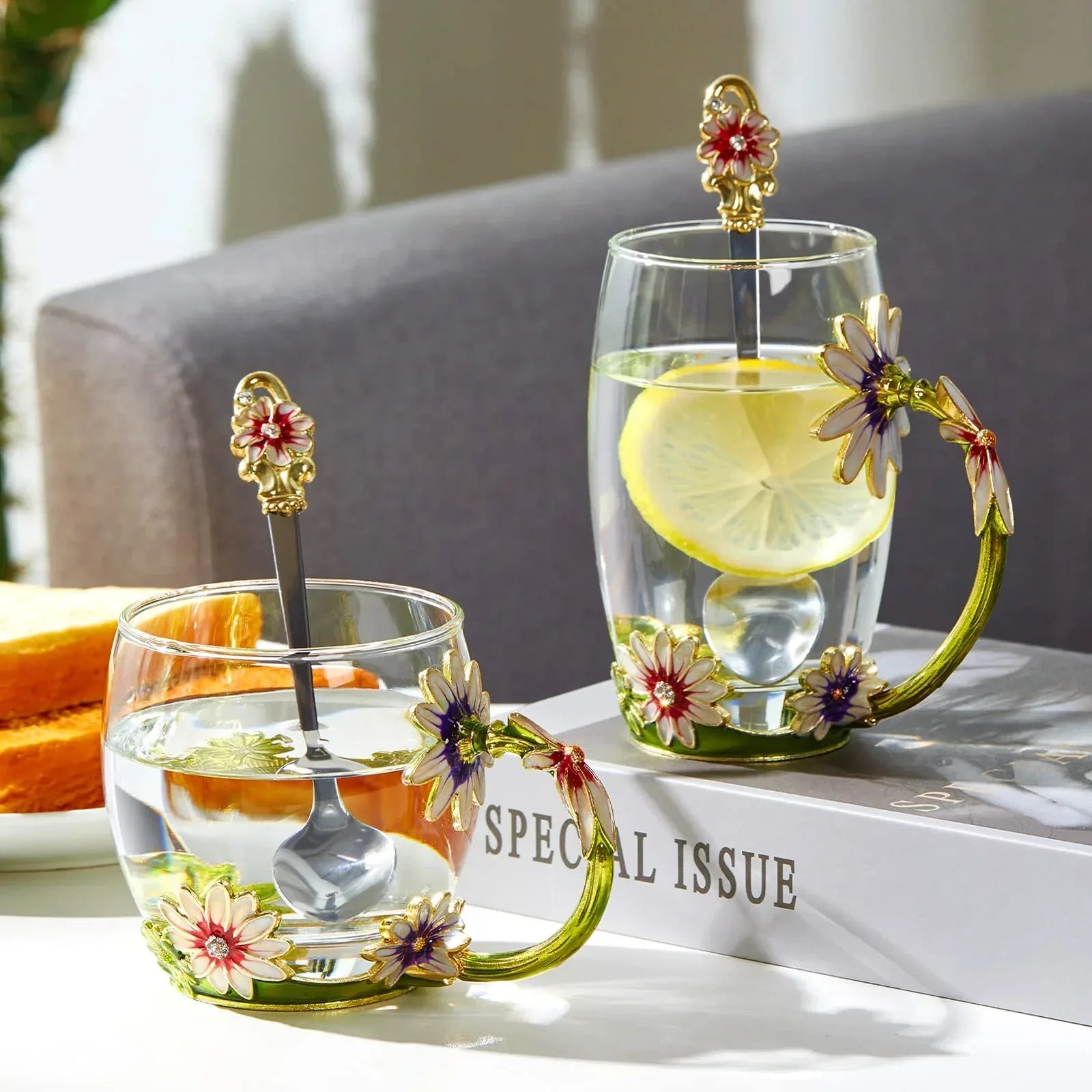 Tea Cup Glass Coffee Mugs,Fancy Tea Cup Set Birthday Christmas Valentine's Day Gift Idea for Tea Lover and Women Novelty Coffee Mugs Rose Flower Enamel Tea Cup Glass Mug with Spoon Set - Unique Gift Market