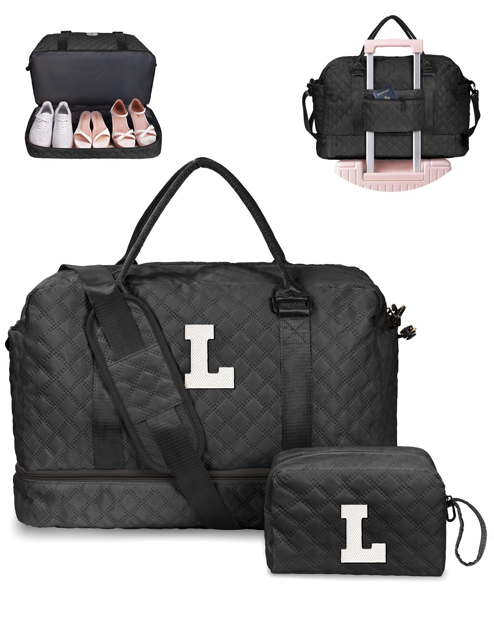 Birthday Gift-Initial Duffle Bag with Shoe Compartment, Personalized Weekender Bag, Monogram Overnight Bag for Women with Trolley Sleeve & Wet Pocket, Travel Bag with Makeup Bag (Letter K)