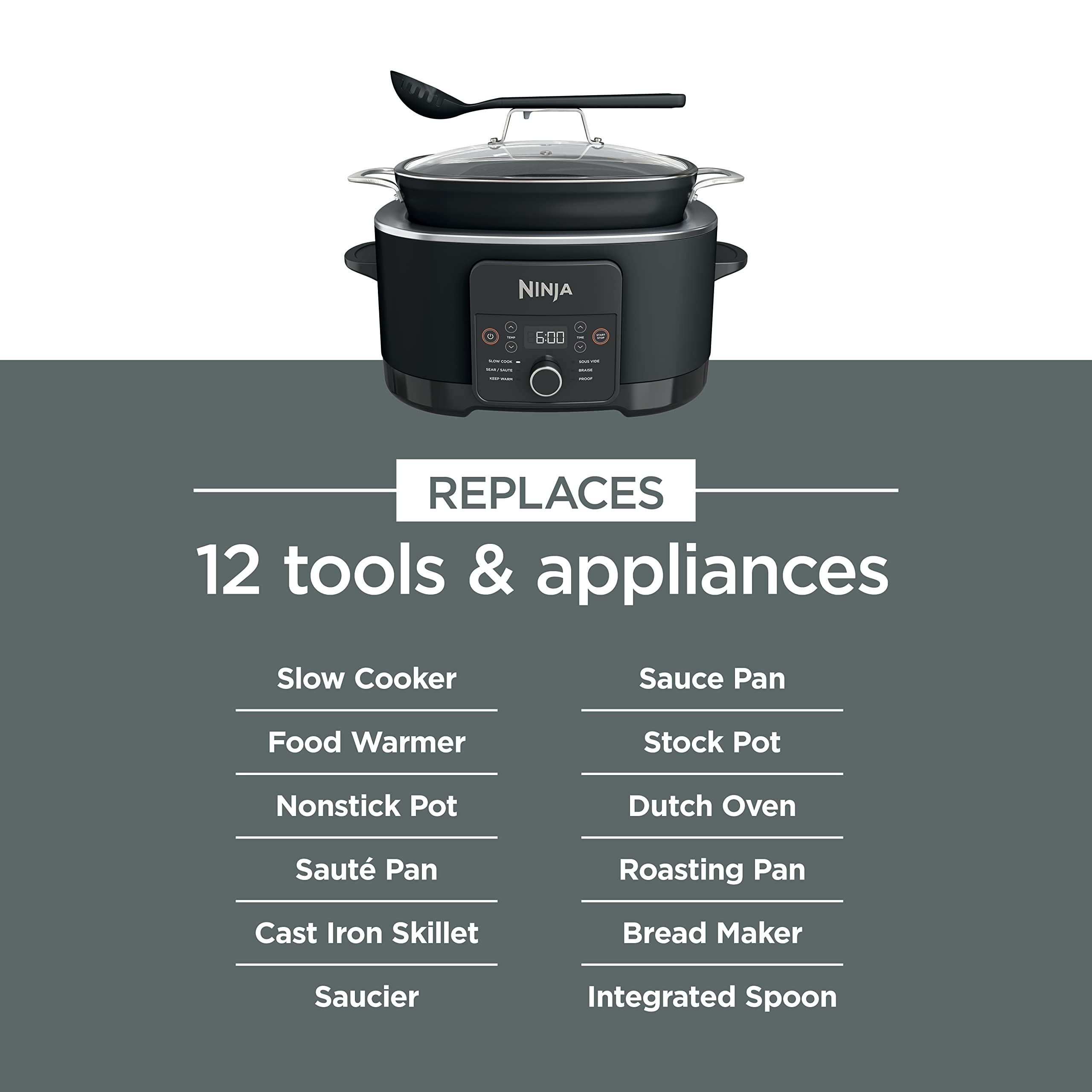 Ninja® 12-in-1 PossibleCooker™ PLUS | 8.5-qt - Sous Vide & Proof Multi-Cooker | Slow Cooker, Dutch Oven & More | Glass Lid & Integrated Spoon | Nonstick | Oven Safe Pot to 500°F | Black | MC1010