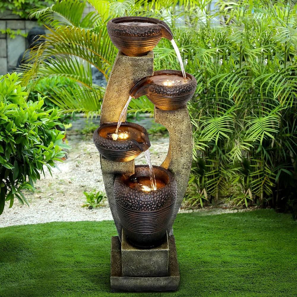 Naturefalls 40" Tall Outdoor Water Fountain and Waterfalls - Large Garden Fountain with LED Lights, 4-Tier Crocks, Indoor and Outdoor Fountains for Garden, Patio, Deck, Porch, Backyard and Home, Gray - Unique Gift Market
