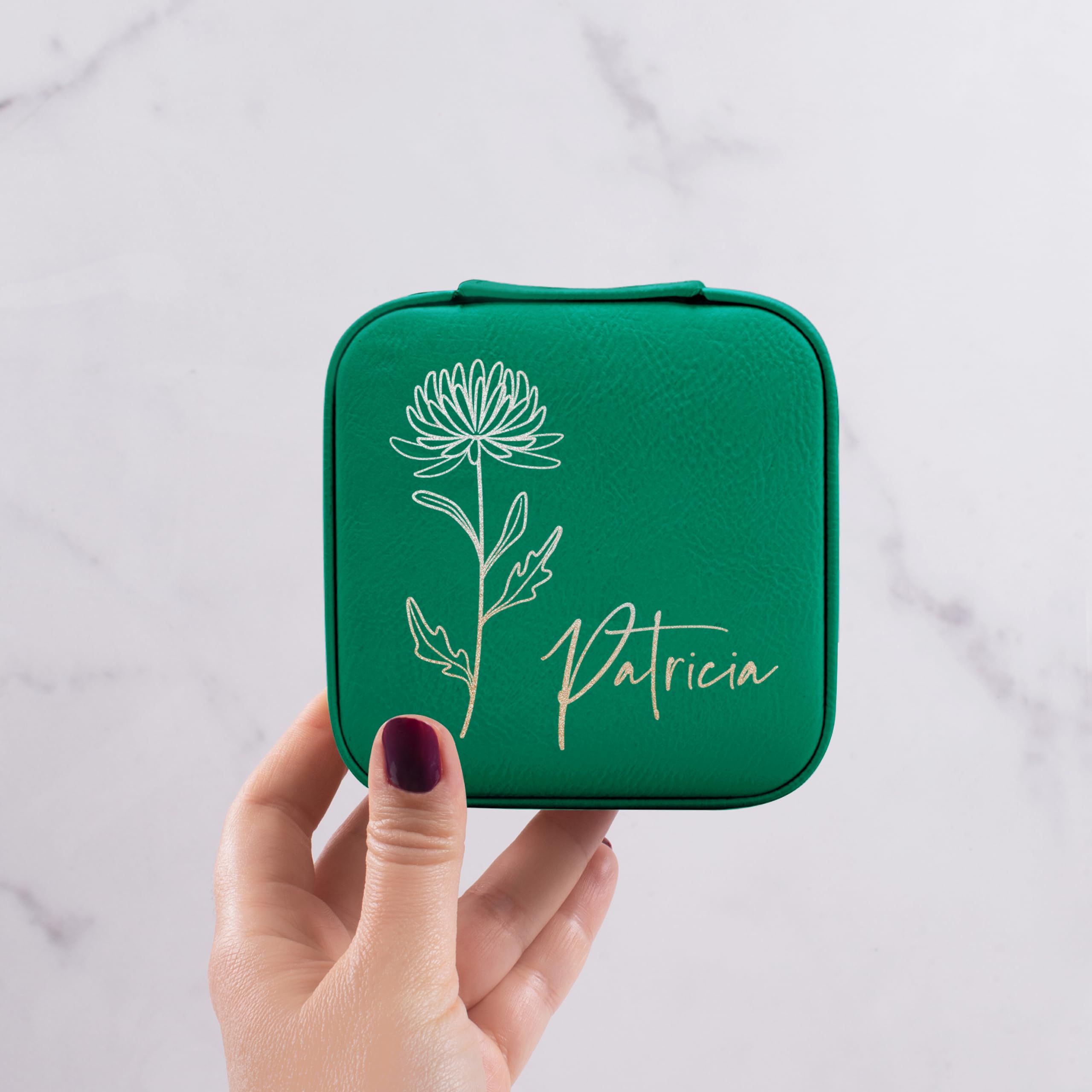 Custom Leather Jewelry Box w/Name & Birth Flower Month - Birthday Gifts for Women, Personalized Jewelry Travel Case - Customized Jewelry Organizer Box, Mom Birthday Gifts - Rustic