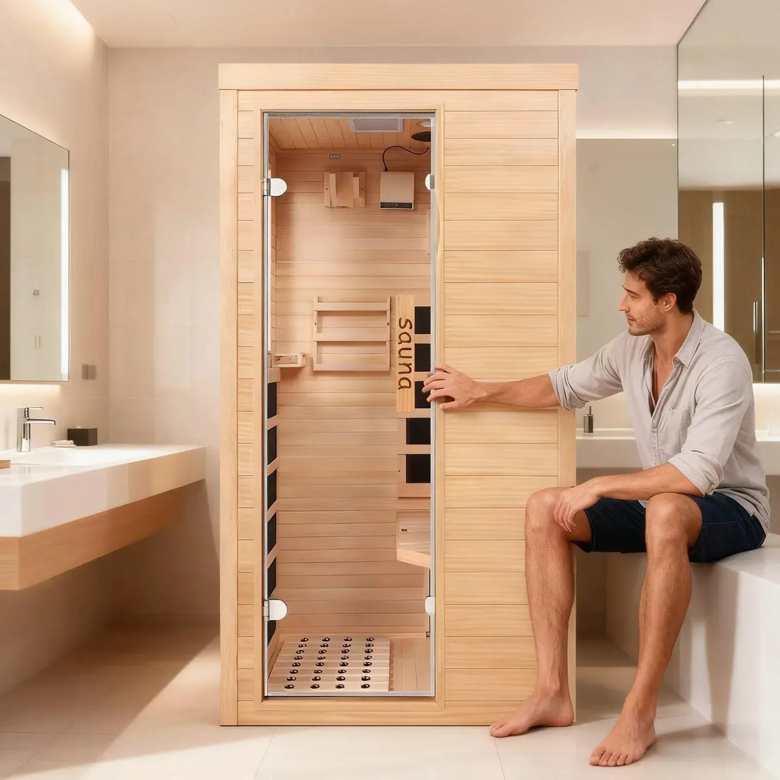 Far Infrared Sauna for 1 Person - 1050W Fast Heating, Canadian Hemlock Wood Home Sauna with Bluetooth Speaker, Chromotherapy & Oxygen Ionizer Easy Assembly Indoor Sauna for Relaxation, Detox, Home Gym - Unique Gift Market