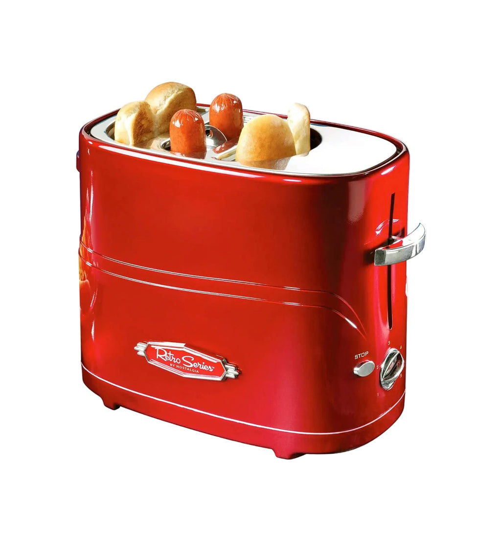 Nostalgia 2 Slot Hot Dog and Bun Toaster with Mini Tongs, Retro Toaster, Cooker that Works Chicken, Turkey, Veggie Links, Sausages Brats, Metallic Red - Unique Gift Market
