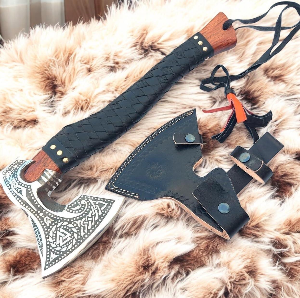 Poshland AX-7001 Custom Gift Forged Carbon Steel Viking Axe with Rose Wood Shaft, Double Edge Axe - Unique Gift Market
