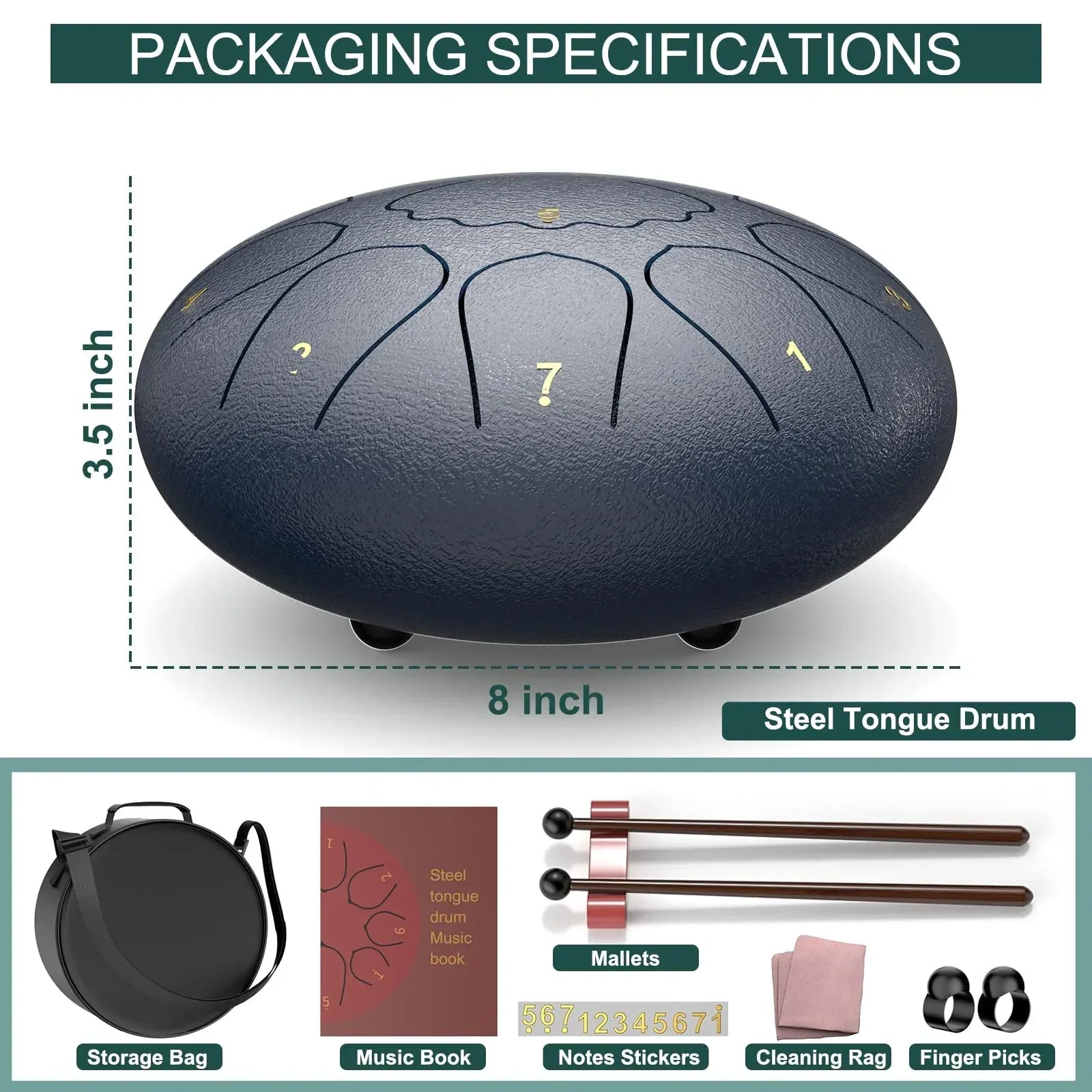 Rain Drum for Outside Garden, 6 Inches 8 Notes Steel Tongue Chakra Drums, Waterproof Meditation Rain Chime, Musical Instruments for Adult Gift with Bag, Music Book, Drum Mallets (Green) - Unique Gift Market