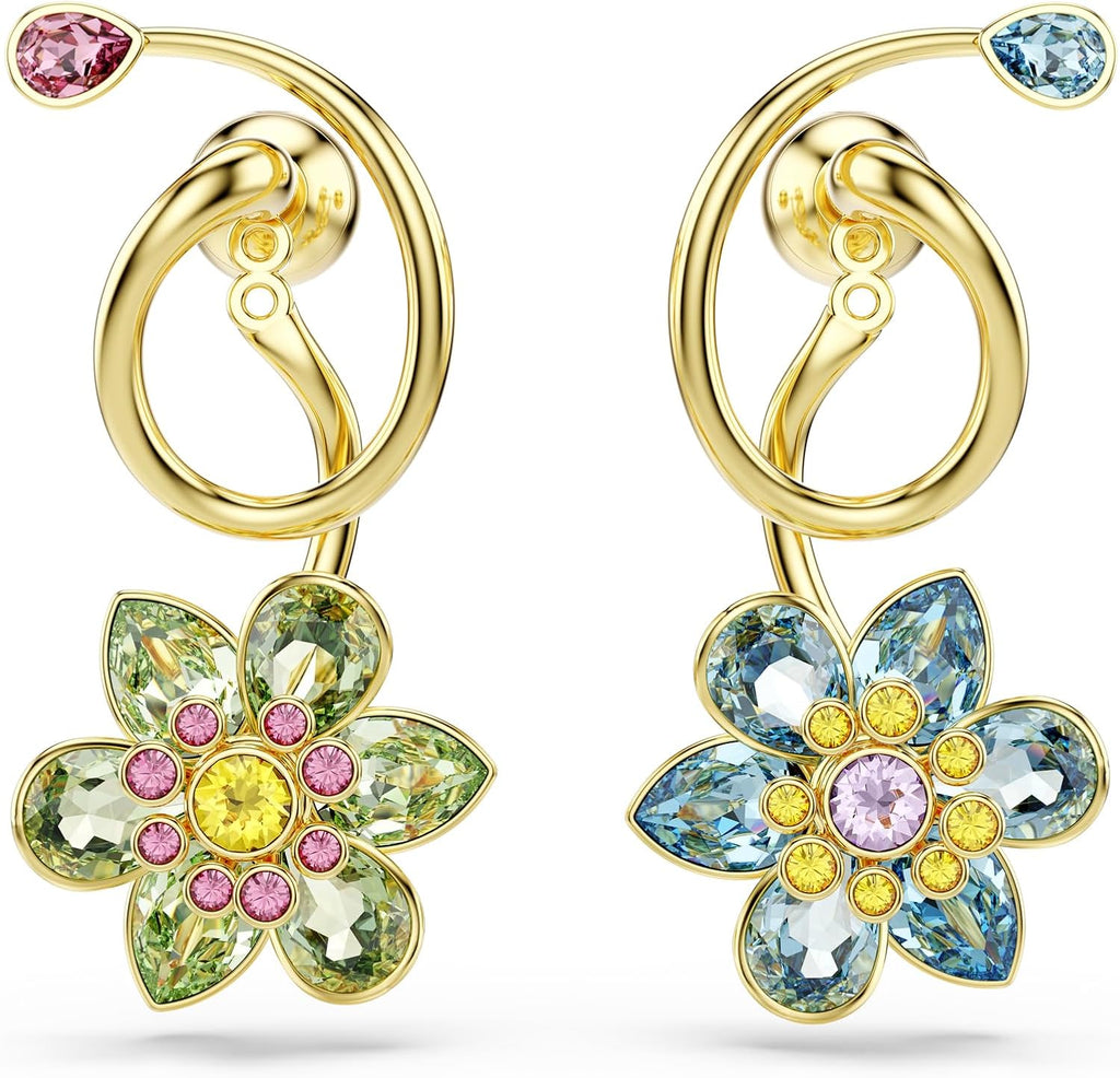 Swarovski Idyllia drop earrings, Asymmetrical design, Mixed cuts, Flower, Multicolored, Gold-tone finish