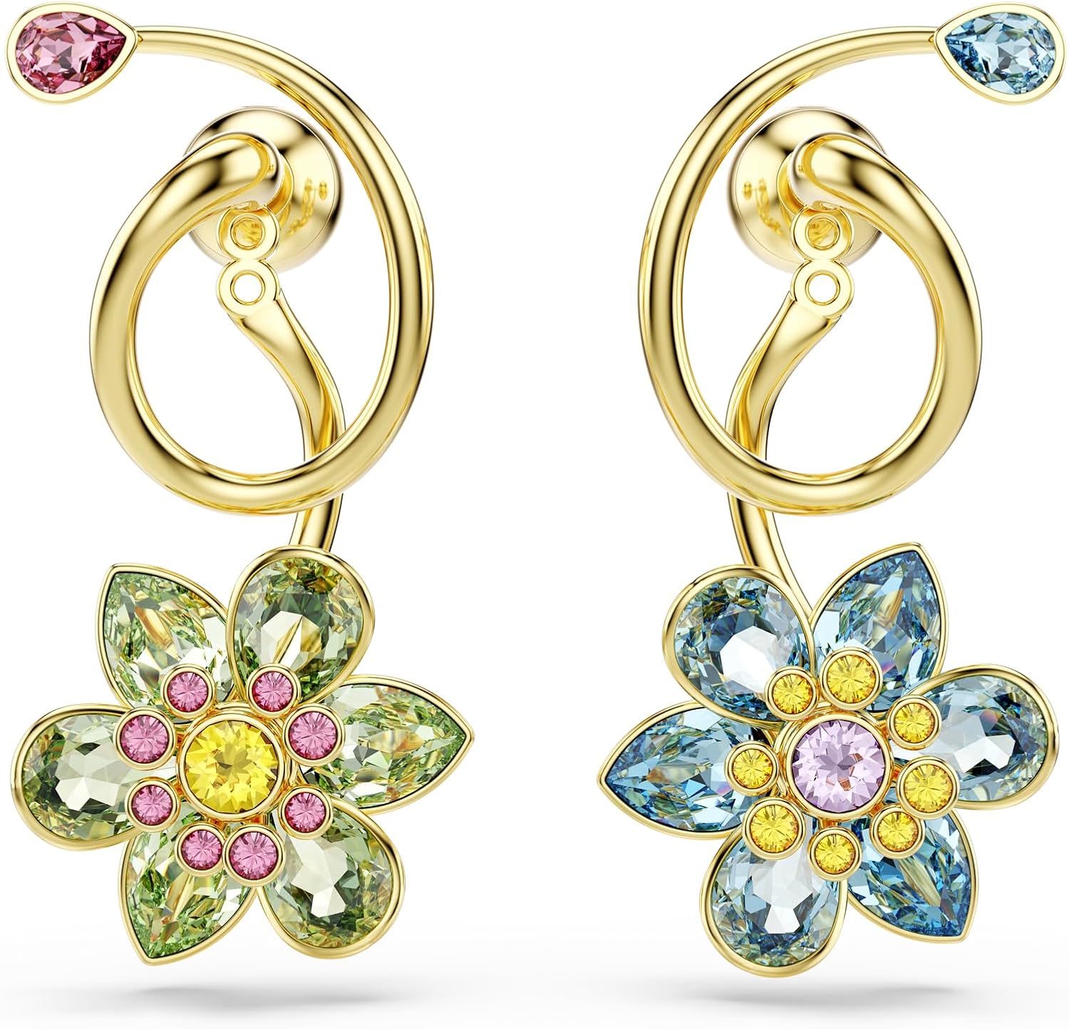 Swarovski Idyllia drop earrings, Asymmetrical design, Mixed cuts, Flower, Multicolored, Gold-tone finish