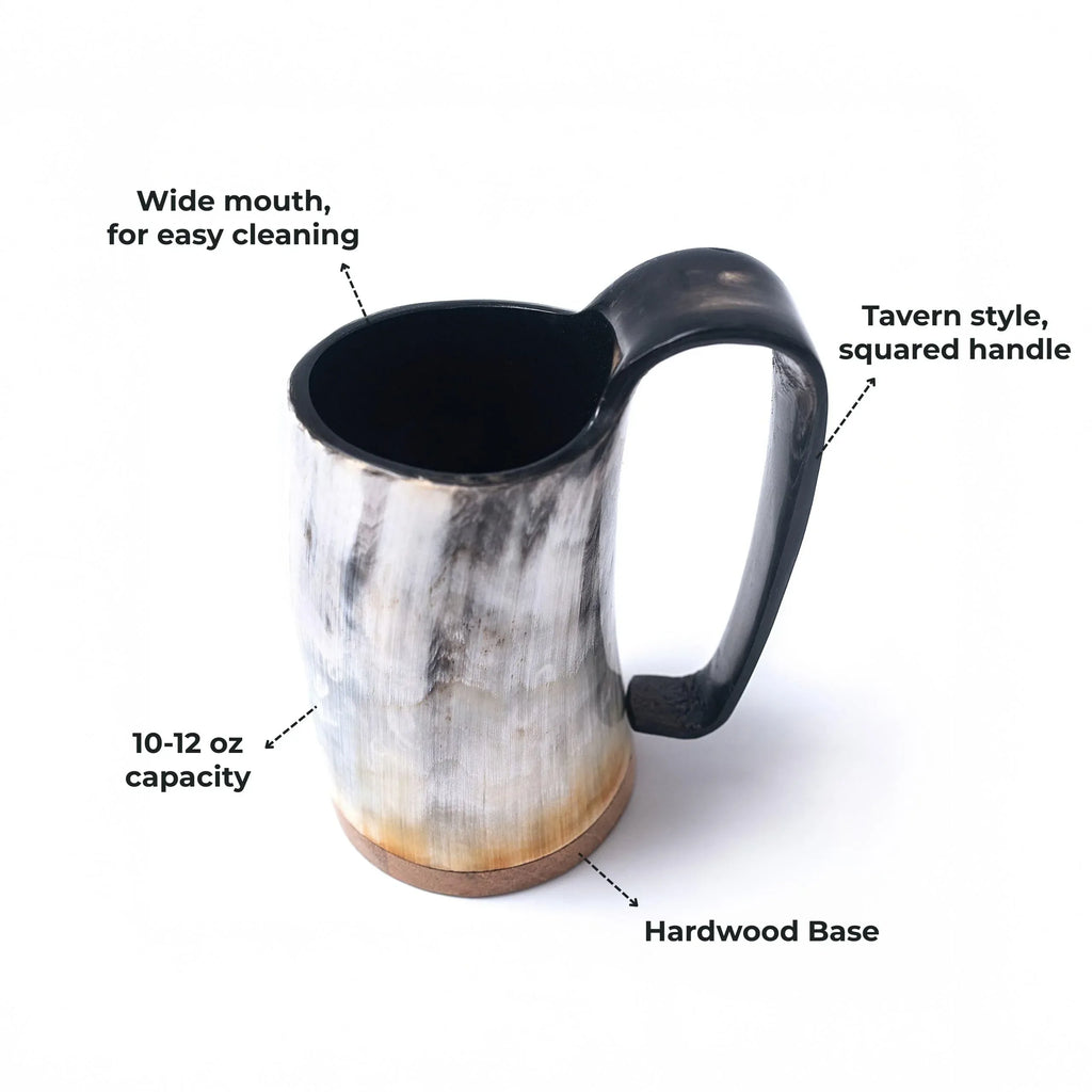 Norse Tradesman Original LG Viking Drinking Horn Mug - 100% Authentic Beer Horn Tankard With Natural Surface & Burlap Gift Sack | The Original, Low Polish, approx. 16 oz - Unique Gift Market