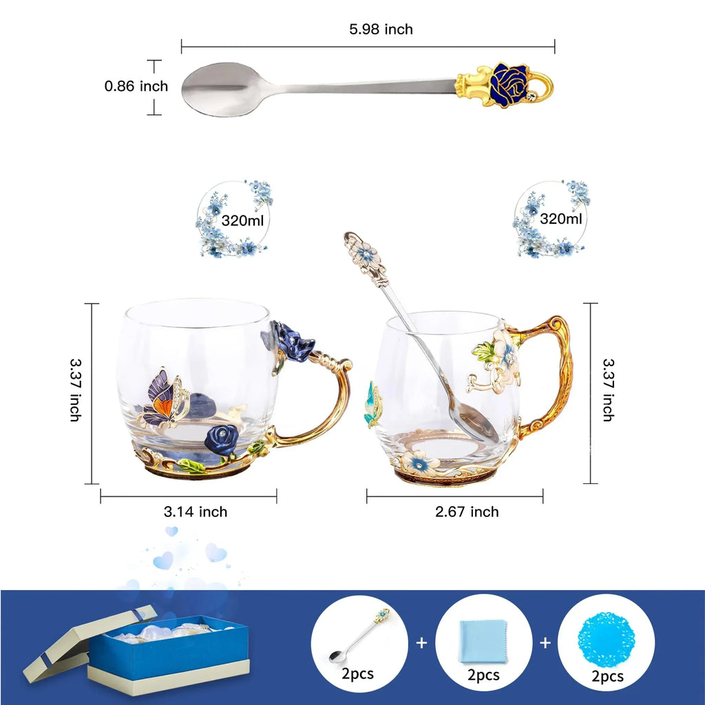 Tea Cup Glass Coffee Mugs,Fancy Tea Cup Set Birthday Christmas Valentine's Day Gift Idea for Tea Lover and Women Novelty Coffee Mugs Rose Flower Enamel Tea Cup Glass Mug with Spoon Set - Unique Gift Market