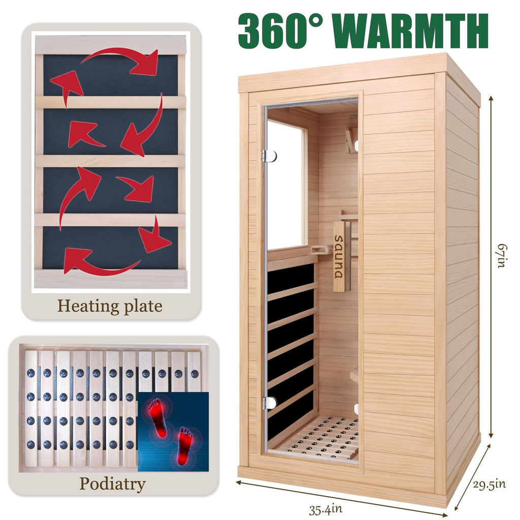 Far Infrared Sauna for 1 Person - 1050W Fast Heating, Canadian Hemlock Wood Home Sauna with Bluetooth Speaker, Chromotherapy & Oxygen Ionizer Easy Assembly Indoor Sauna for Relaxation, Detox, Home Gym