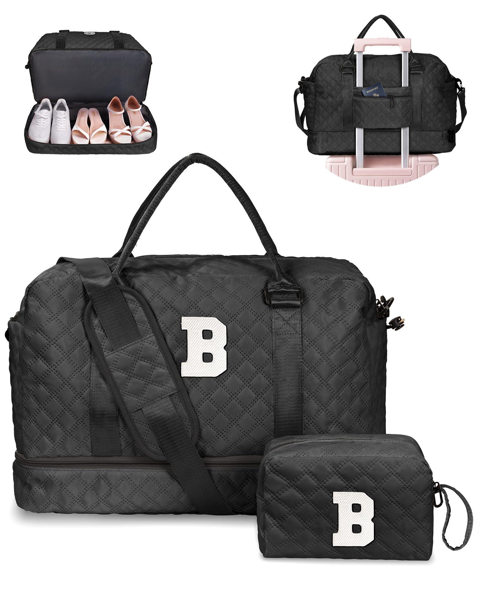 Birthday Gift-Initial Duffle Bag with Shoe Compartment, Personalized Weekender Bag, Monogram Overnight Bag for Women with Trolley Sleeve & Wet Pocket, Travel Bag with Makeup Bag (Letter K) - Unique Gift Market