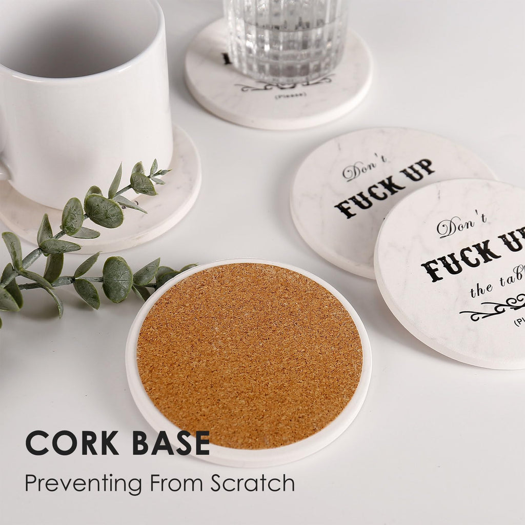 Funny Drink Coasters Ceramic Absorbent Coasters, Don't up The Table Unique Stone Drink Coaster with Cork Back for Coffee Table, Living Room, Family and Friends (Round-White, 6)