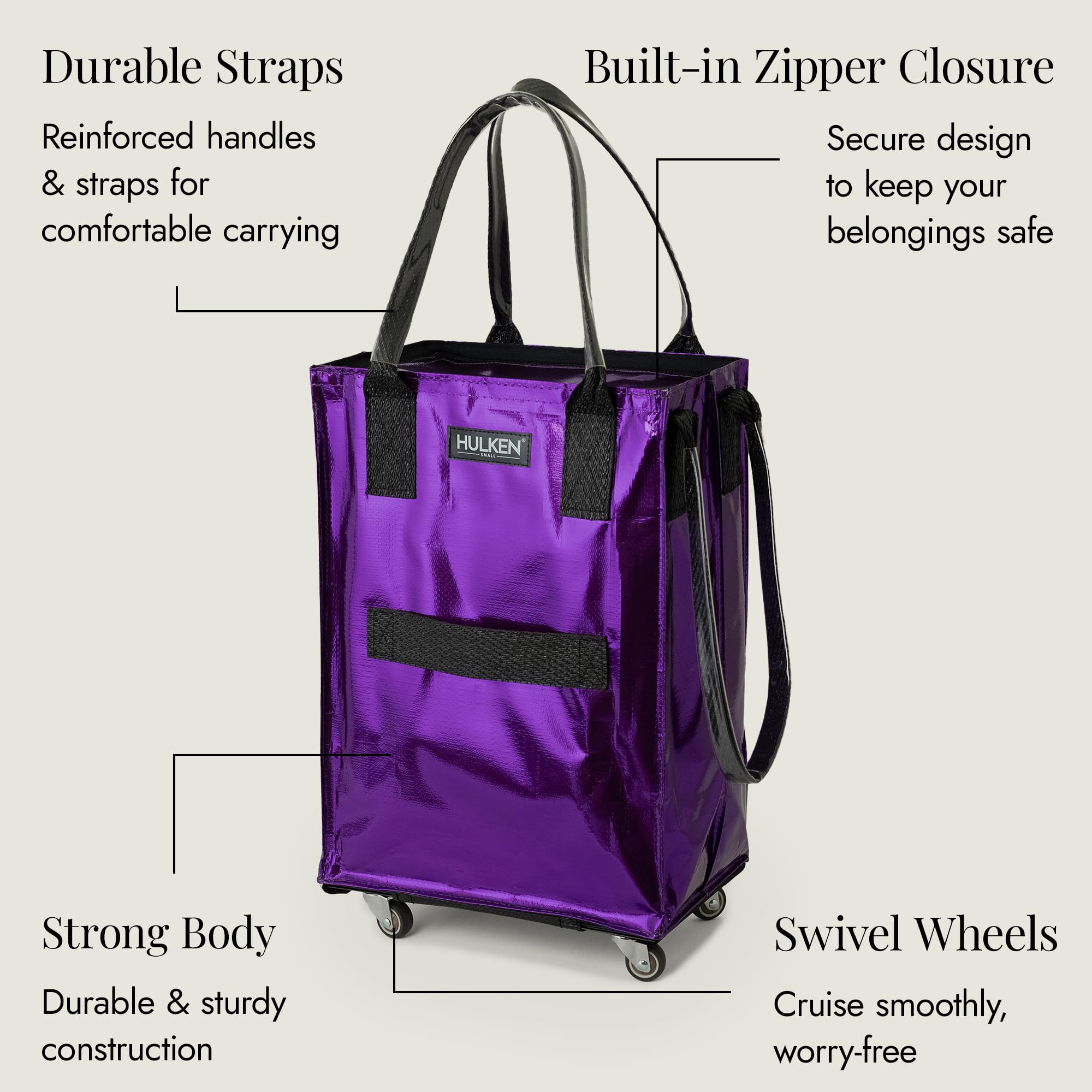 (Medium, Rose Gold) Reusable Grocery Bag On Wheels, Shopping Trolley, Rolling Tote, Zipper Closure, Lightweight, Carries Up to 66 lb, Folds Flat, Unbreakable Handles
