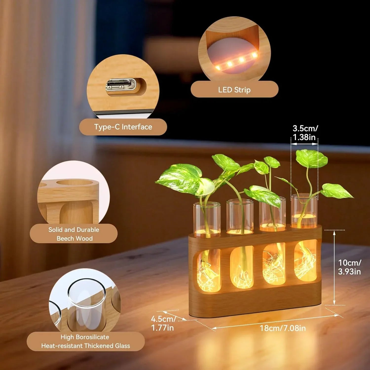 Plant Propagation Station with 9-Speed Adjustable LED Lights, Wooden Stand, 4 Glass Test Tubes for Hydroponic Plants, Unique Gift for Plant Lovers - Unique Gift Market