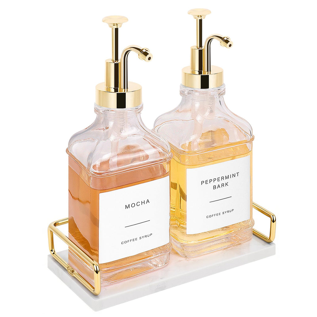 Coffee Syrup Dispenser for Coffee Bar, Clear Glass Syrup Bottles with Pump, Refillable Maple Syrup Storage, Coffee Station Accessories and Organizer, 500ml, Set of 2 + Tray (Gold)