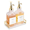 Coffee Syrup Dispenser for Coffee Bar, Clear Glass Syrup Bottles with Pump, Refillable Maple Syrup Storage, Coffee Station Accessories and Organizer, 500ml, Set of 2 + Tray (Gold)