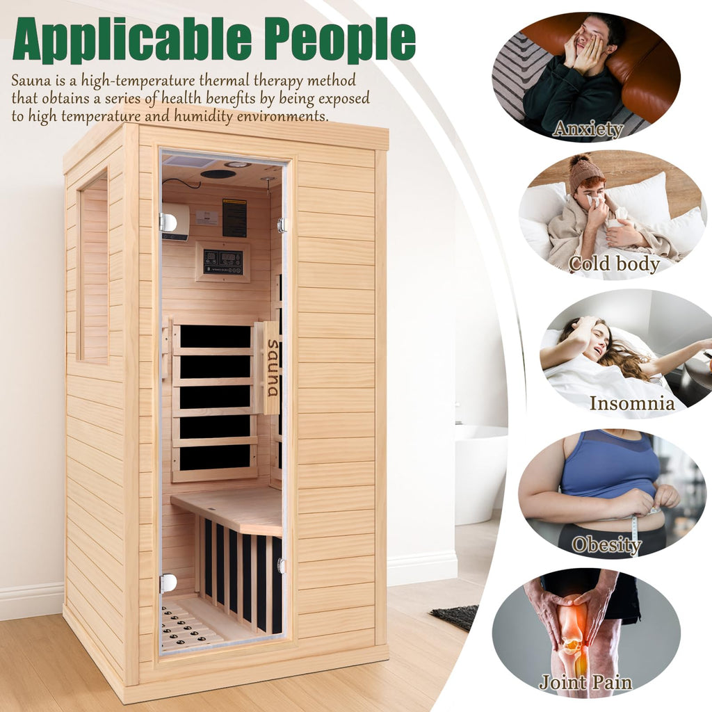 Far Infrared Sauna for 1 Person - 1050W Fast Heating, Canadian Hemlock Wood Home Sauna with Bluetooth Speaker, Chromotherapy & Oxygen Ionizer Easy Assembly Indoor Sauna for Relaxation, Detox, Home Gym