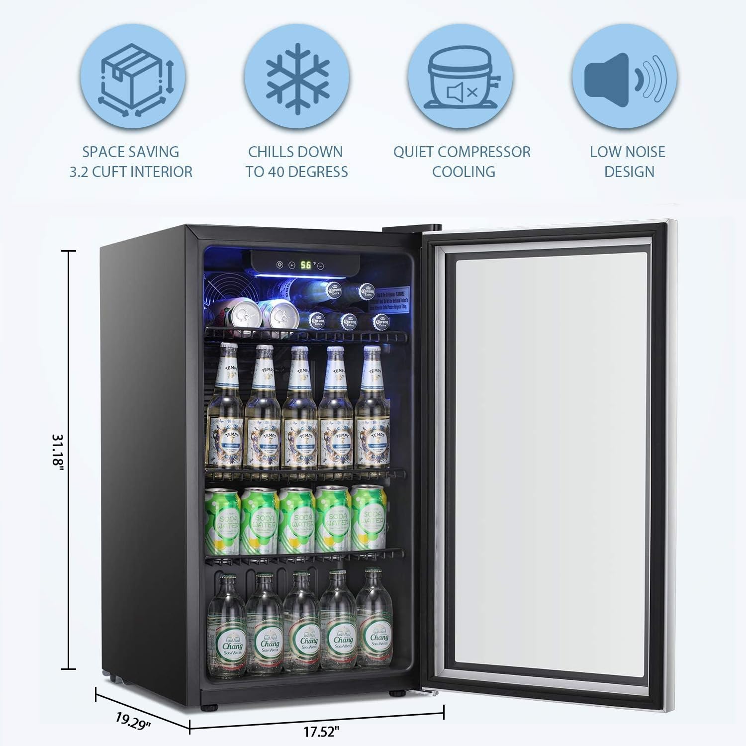 Antarctic Star 18L Beverage Refrigerator Cooler 24Can, Mini Fridge with Quiet Compressor, LED Light,Freestanding Small Fridge with Electronic Temperature Control for Home and Bar(40-61 ℉)