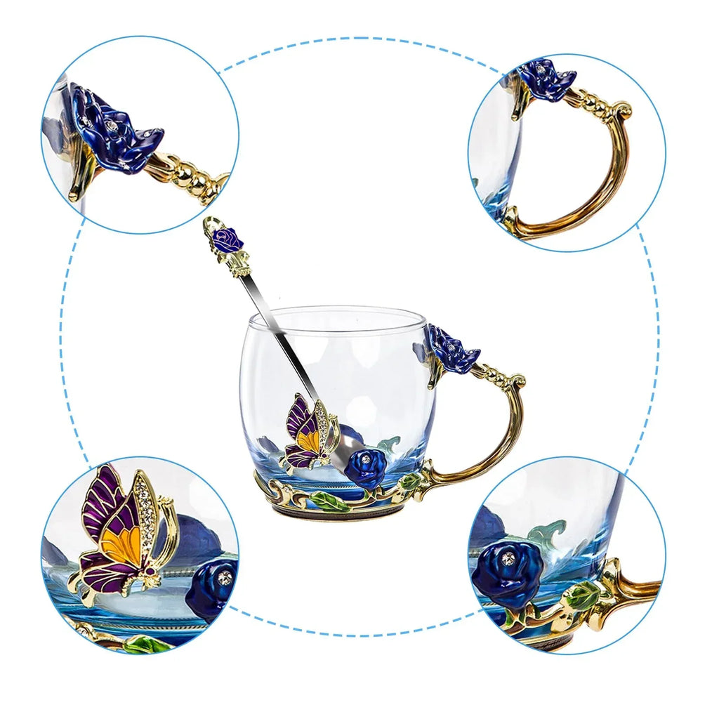 Tea Cup Glass Coffee Mugs,Fancy Tea Cup Set Birthday Christmas Valentine's Day Gift Idea for Tea Lover and Women Novelty Coffee Mugs Rose Flower Enamel Tea Cup Glass Mug with Spoon Set - Unique Gift Market