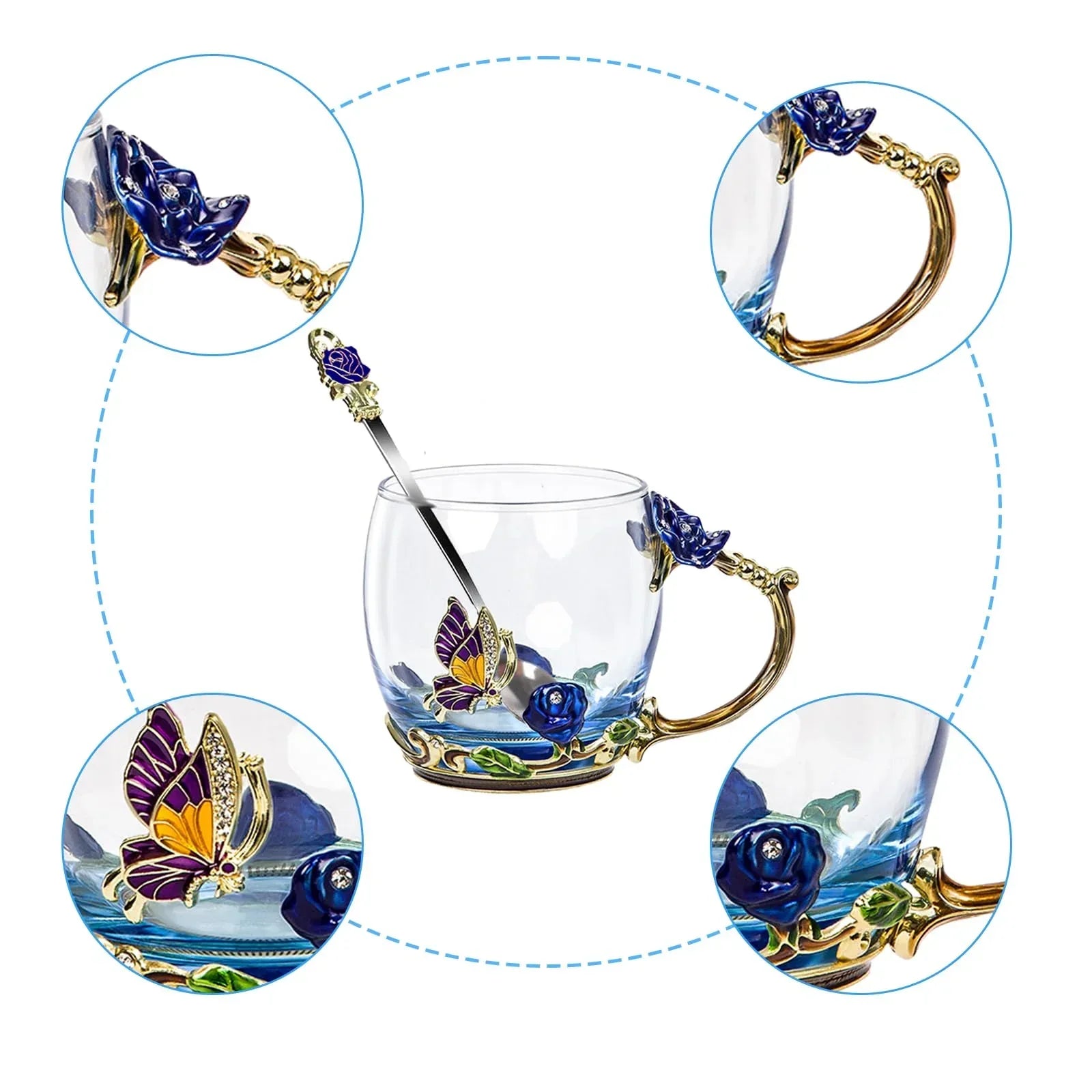 Tea Cup Glass Coffee Mugs,Fancy Tea Cup Set Birthday Christmas Valentine's Day Gift Idea for Tea Lover and Women Novelty Coffee Mugs Rose Flower Enamel Tea Cup Glass Mug with Spoon Set - Unique Gift Market