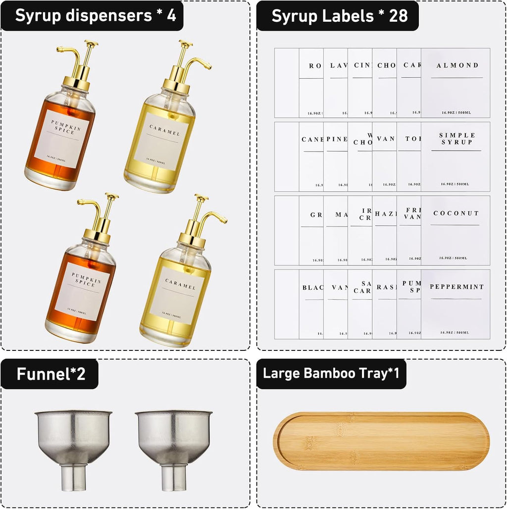 Coffee Syrup Dispenser for Coffee Bar, Coffee Syrup Pump Dispenser, Glass Syrup Bottle with Gold Upgraded Pump, 4 Pack 16.9 oz 500 ml Syrup Dispensers, 28 Labels and Large Bamboo Tray