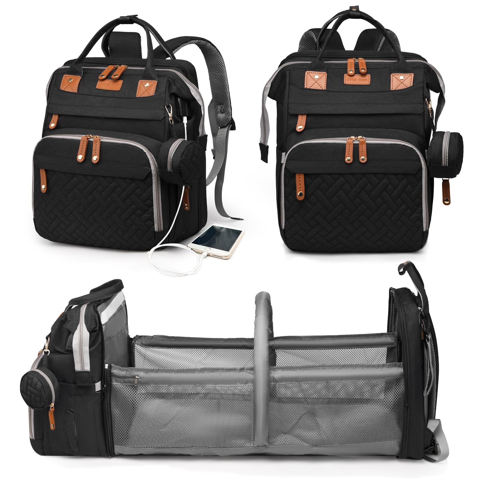 Baby Diaper Bags with Changing Station, Waterproof Diaper Bag Backpack for Moms Dads with USB Charging Port, Baby Shower Gifts, Large Capacity diaper backpack, Grey