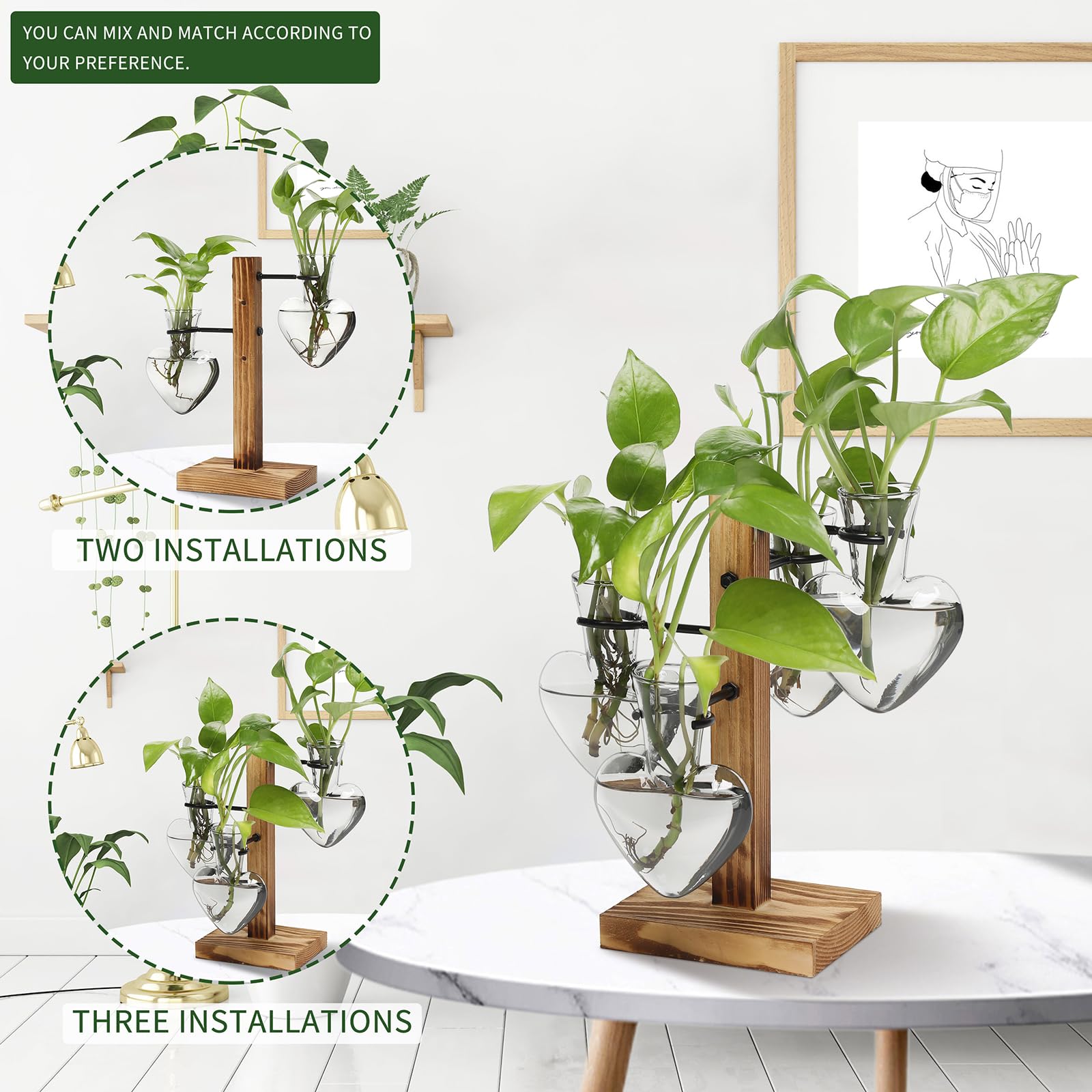Plant Terrarium Propagation Stations with Wooden Stand, Glass Vase for Indoor Hydroponics Home Garden Office Decoration Gift for Women - 4 Love Bulb Vase
