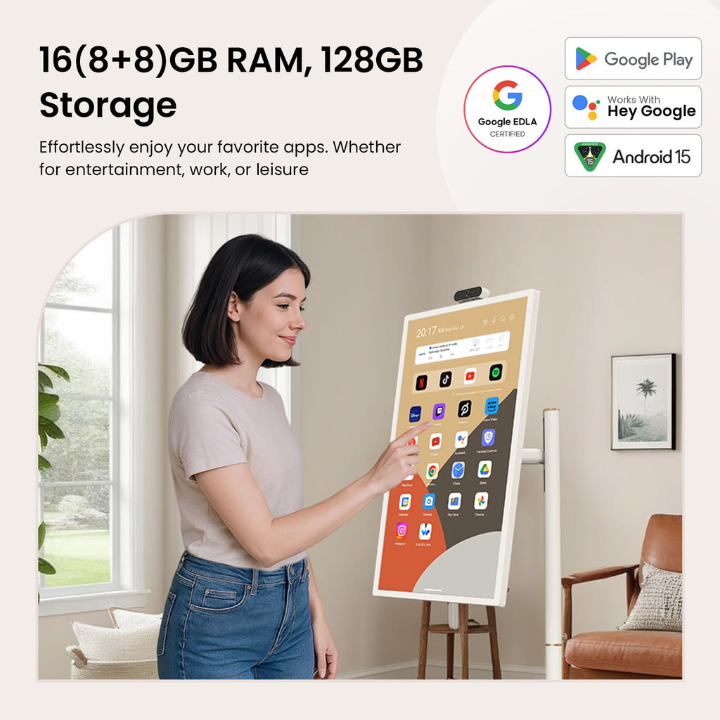 ApoloSign 32 Inch FHD Smart Portable TV 2nd Gen, 16(8+8) GB RAM+128GB, Android 16, EDLA-Certified, Rolling Tablet TV on Wheels, Built-in 15000mAh Battery, Full Swivel Rotation, Voice Remote Control