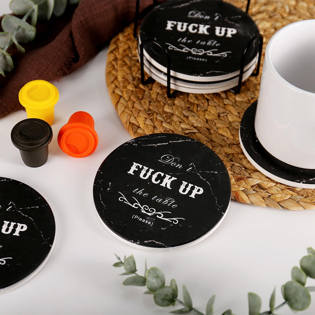 Funny Drink Coasters Ceramic Absorbent Coasters, Don't up The Table Unique Stone Drink Coaster with Cork Back for Coffee Table, Living Room, Family and Friends (Round-White, 6)