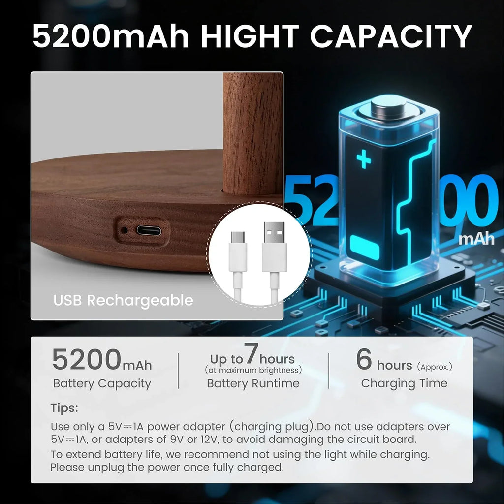 Cordless Table Lamp, Rechargeable Wooden Table Lamp with Touch Control & Adjustable Brightness, Cordless Decorative Bedside Lamp for Bedroom, Home Decor & Unique Gifts, Black Walnut - Unique Gift Market