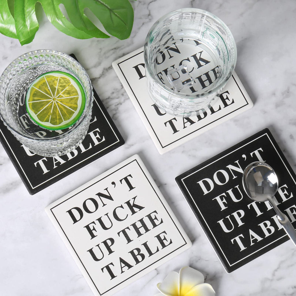 Funny Drink Coasters Ceramic Absorbent Coasters, Don't up The Table Unique Stone Drink Coaster with Cork Back for Coffee Table, Living Room, Family and Friends (Round-White, 6)